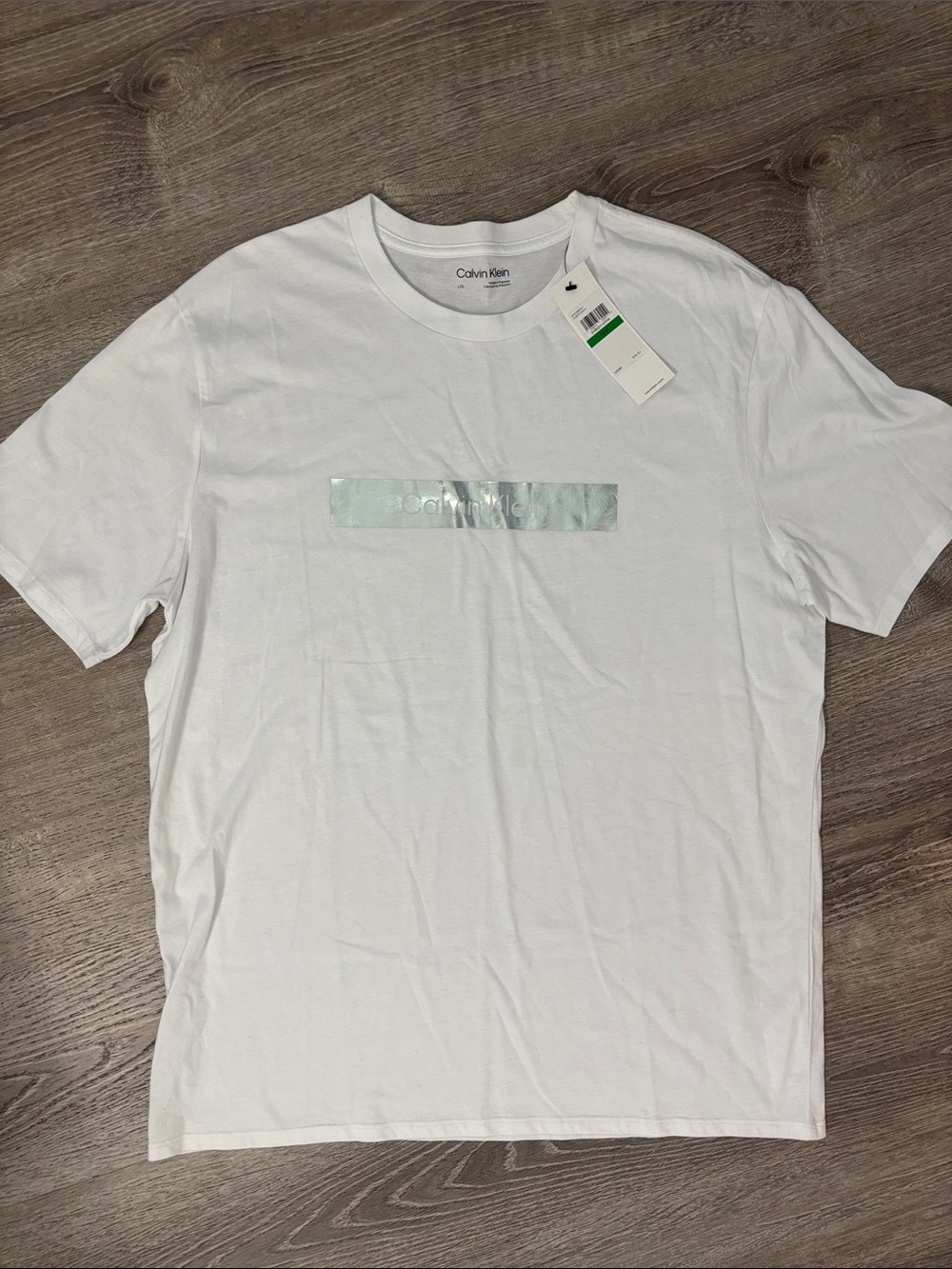 Calvin Klein White Crew Neck T-Shirt Iridescent Silver Chest Logo Size Large NWT